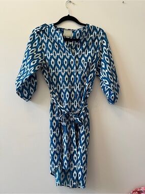 Anthropologie Blue & White Ikat Tie-Waist Long Sleeve Dress